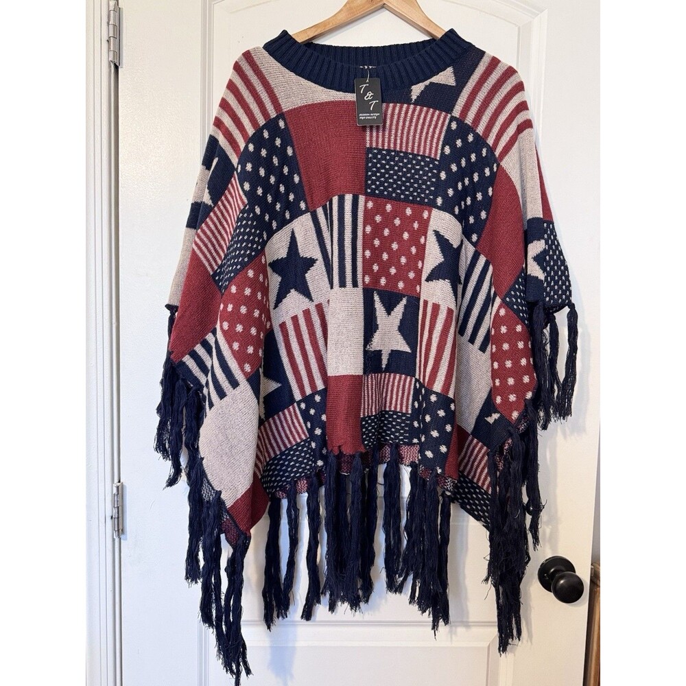 Women's One Size Knit Shawl Poncho Patriotic 4th of July starts and stripes